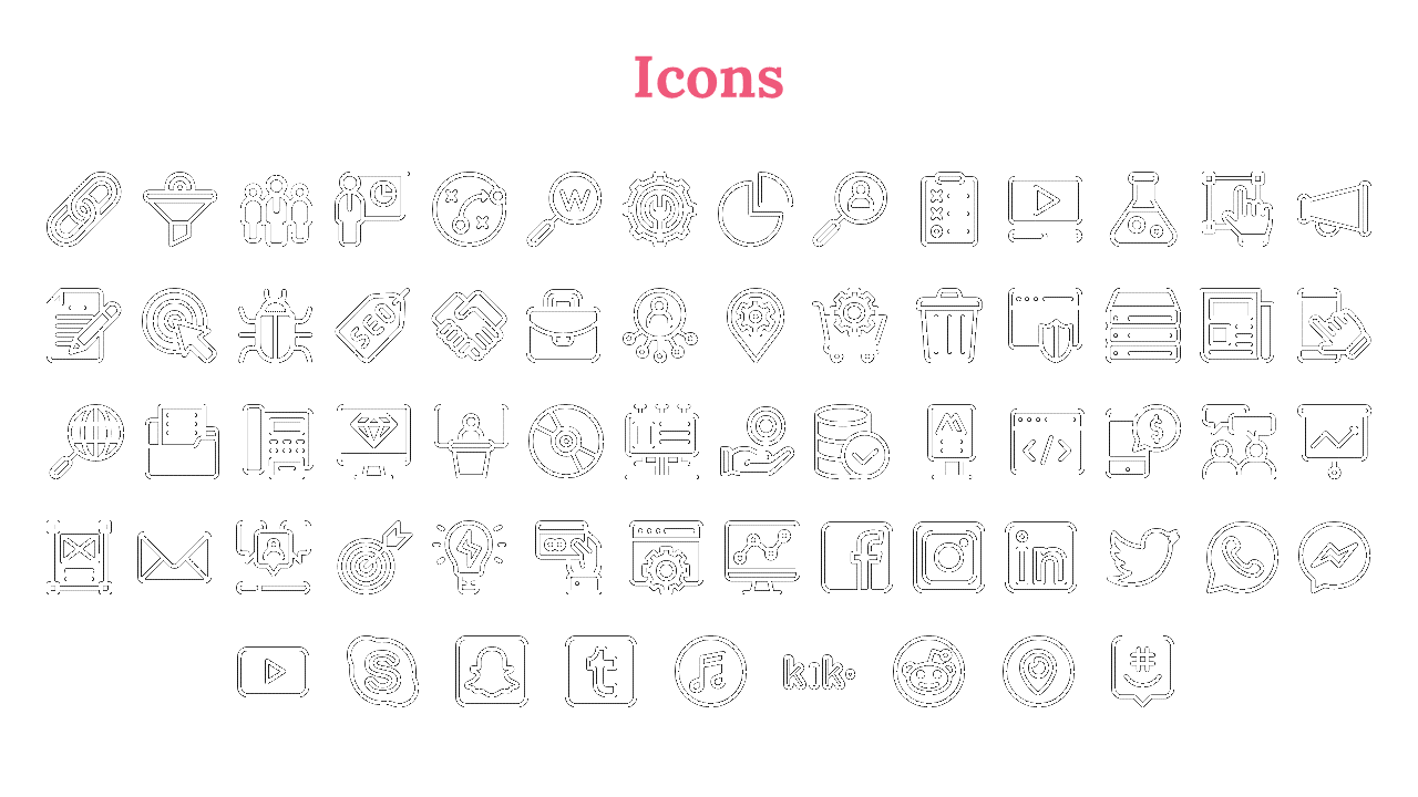 Icon slide showing assorted line icons such as gear, chart, mobile, and social media logos arranged in rows.
