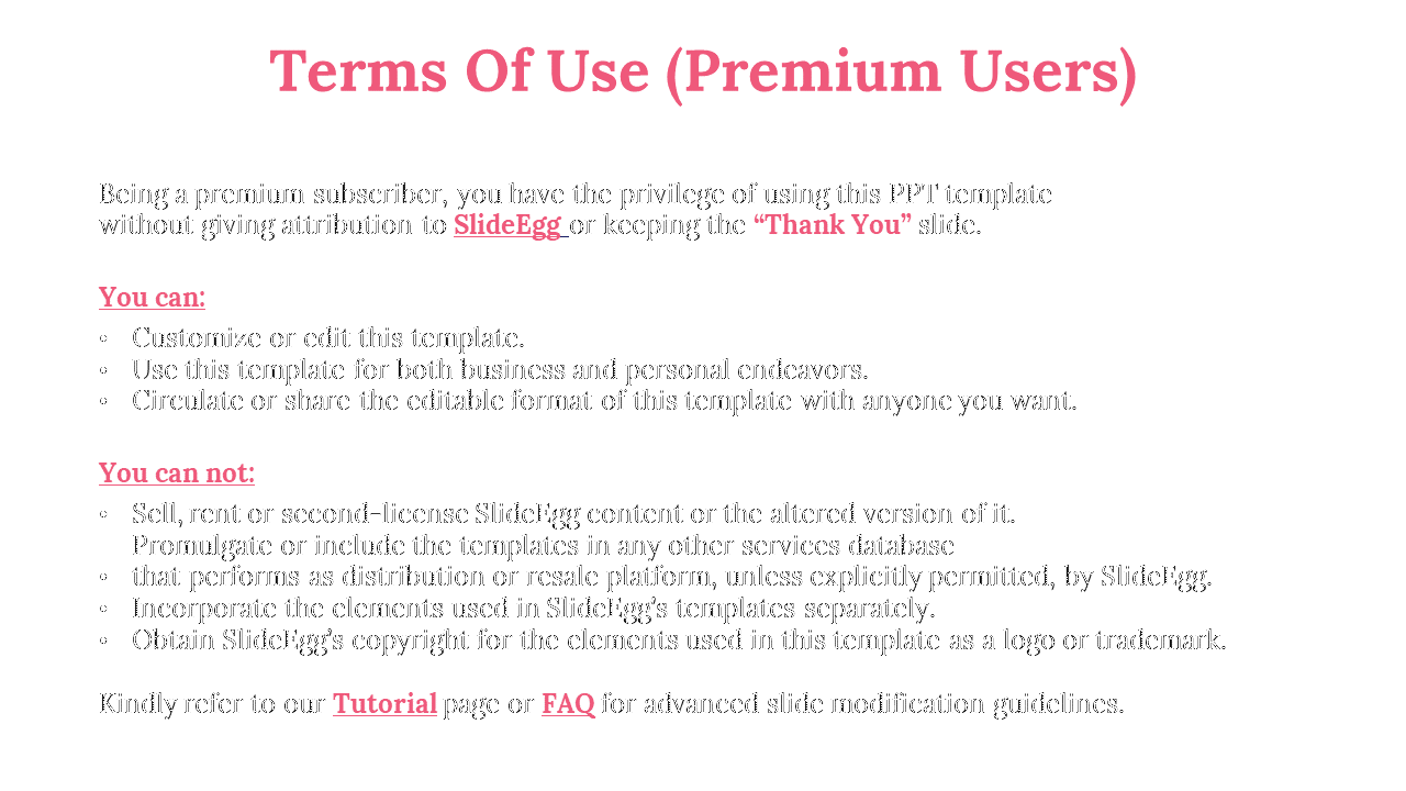 Informational slide for premium users with bold pink section headers and bullet points for permissions and restrictions.