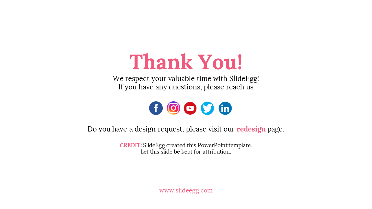 Thank you message slide with central icons, redesign link, and credit disclaimer in pink and black text.