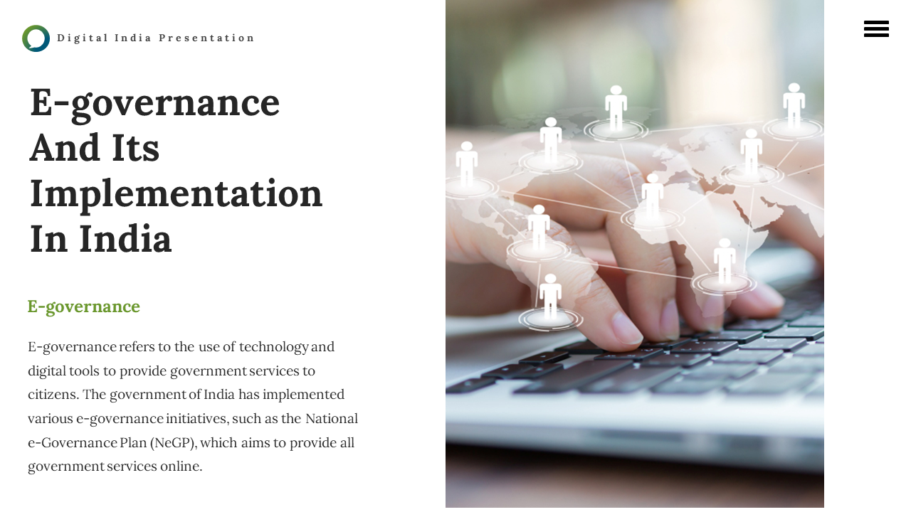Slide with text about e governance in India beside an image of hands on keyboard with holographic network figures.