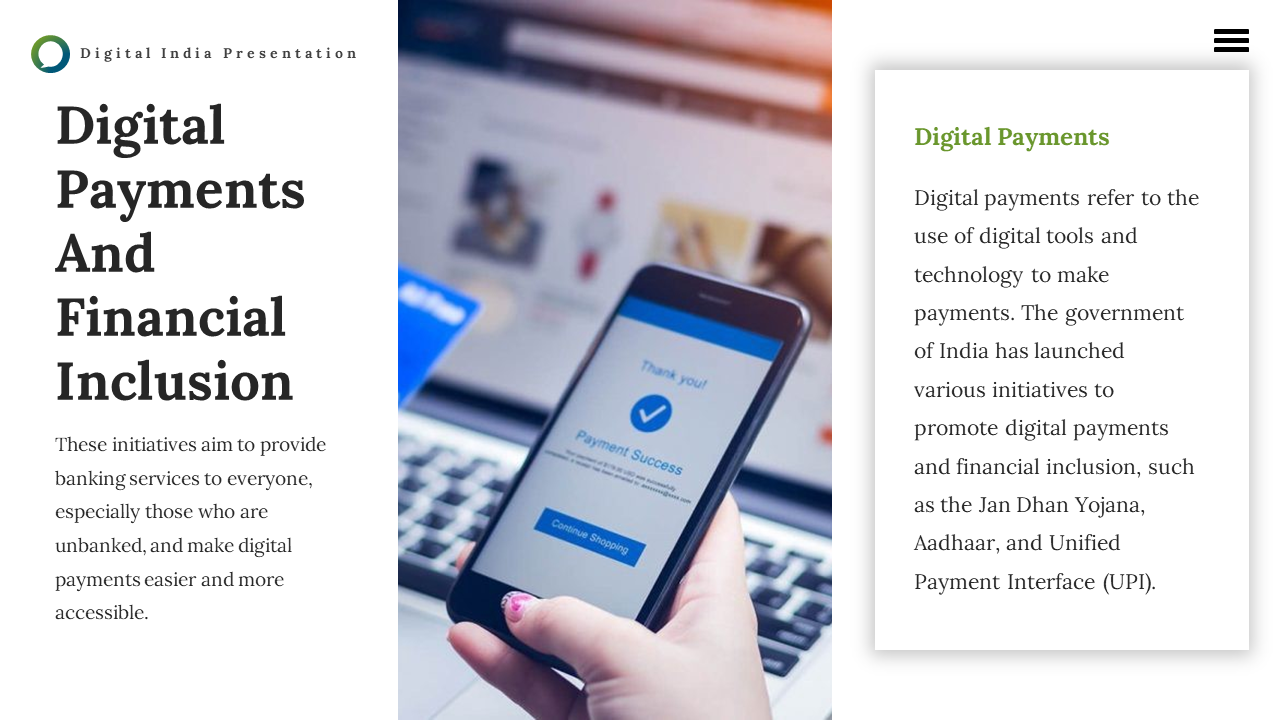 Digital financial inclusion slide featuring mobile payment confirmation and text about Indian initiatives.