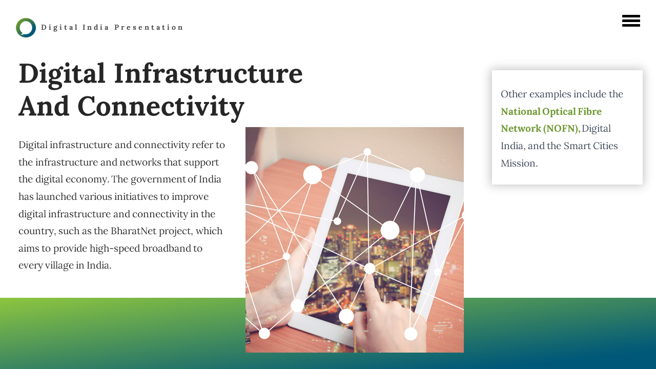 Connectivity concept image with digital network overlay on tablet screen and cityscape reflection witha green border.