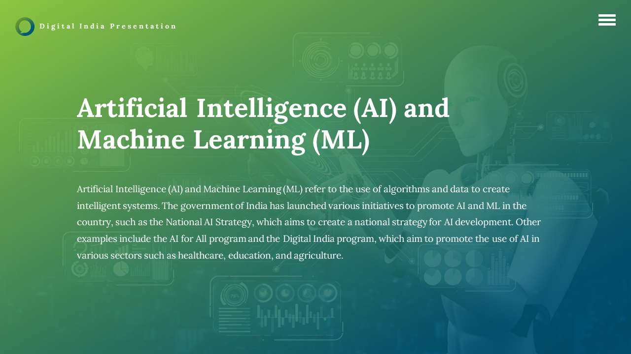AI and ML slide with humanoid robot on right and digital interface graphics on green blue gradient background.