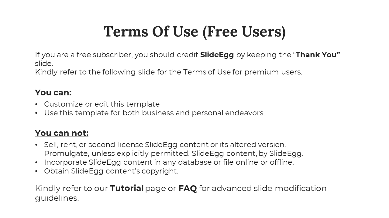 Slide with rules for free users, showing usage rights and restrictions in two bolded sections with bullet points.
