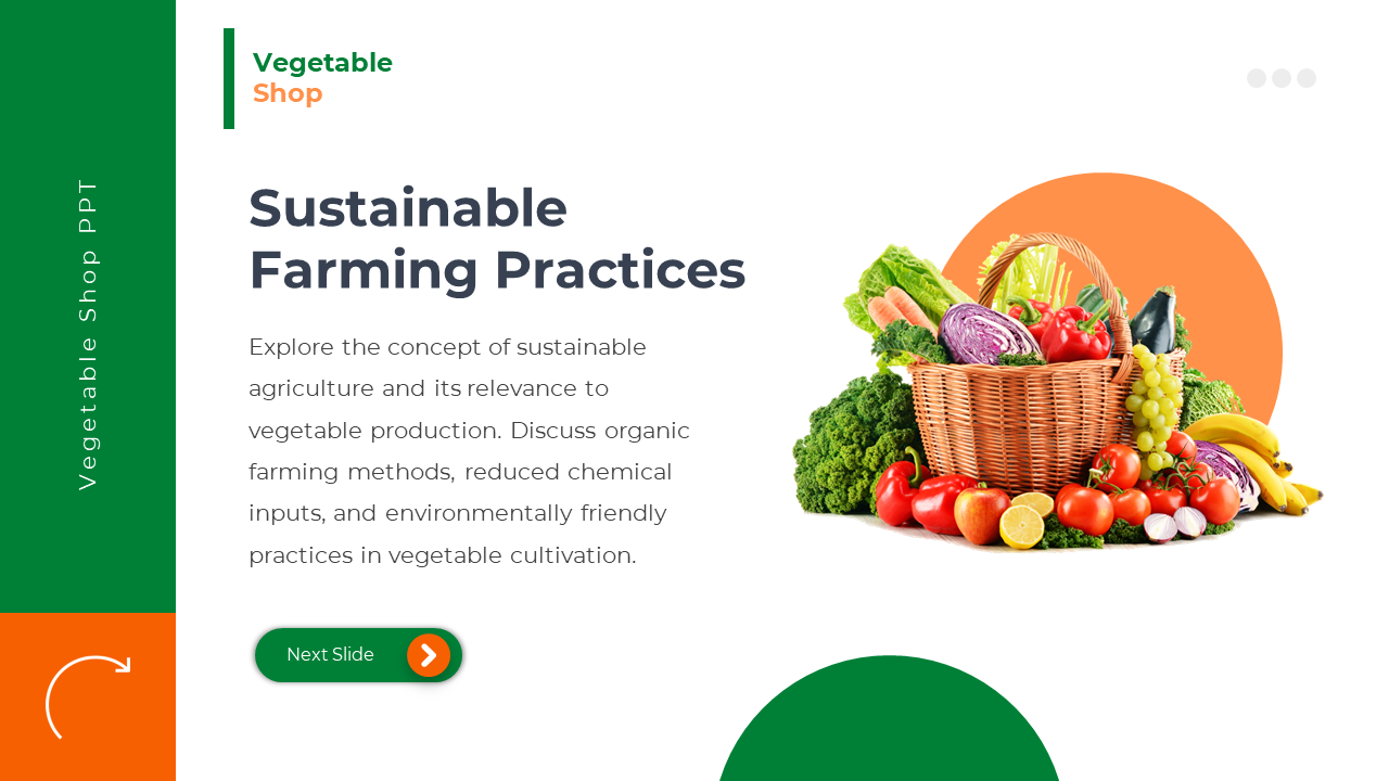 White and green slide featuring fresh produce in a wicker basket beside text about sustainable agriculture.