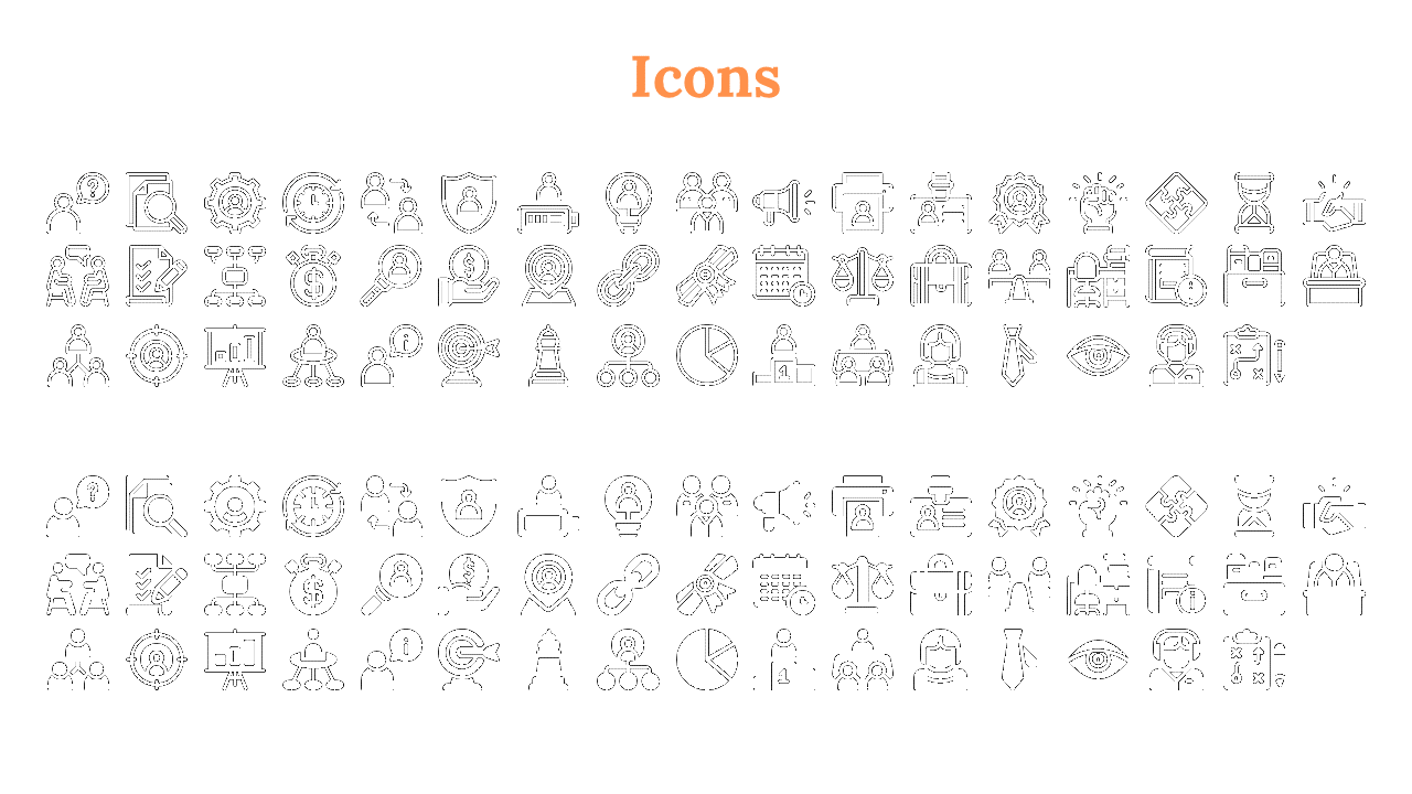 Slide with icon gallery split into outlined and filled formats, featuring business, productivity, and communication themes.