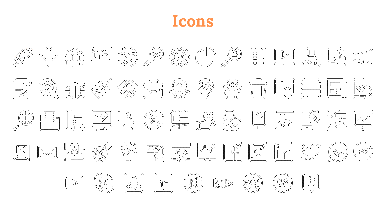 Grid of black outlined icons including SEO, data charts, mobile UI, and social media apps on a white background.
