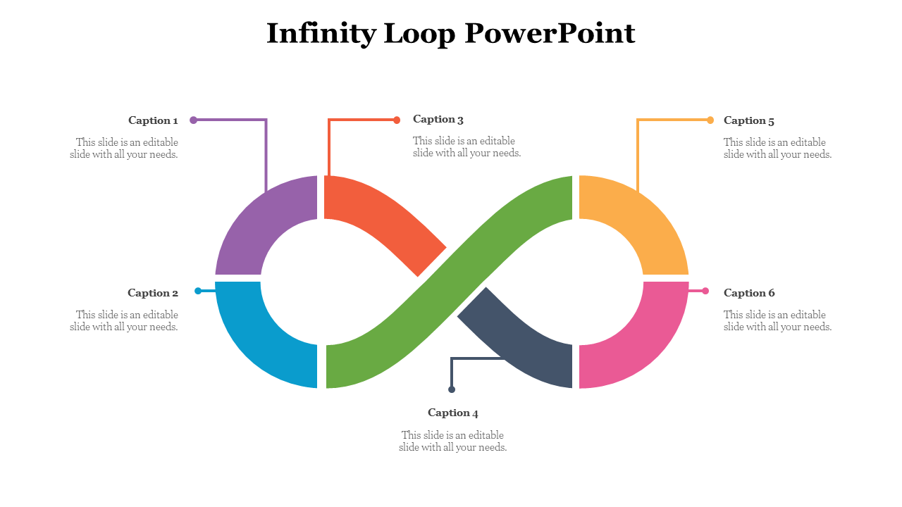 Infinity loop with six colored segments, each linked to a caption on both sides, under a centered bold heading.