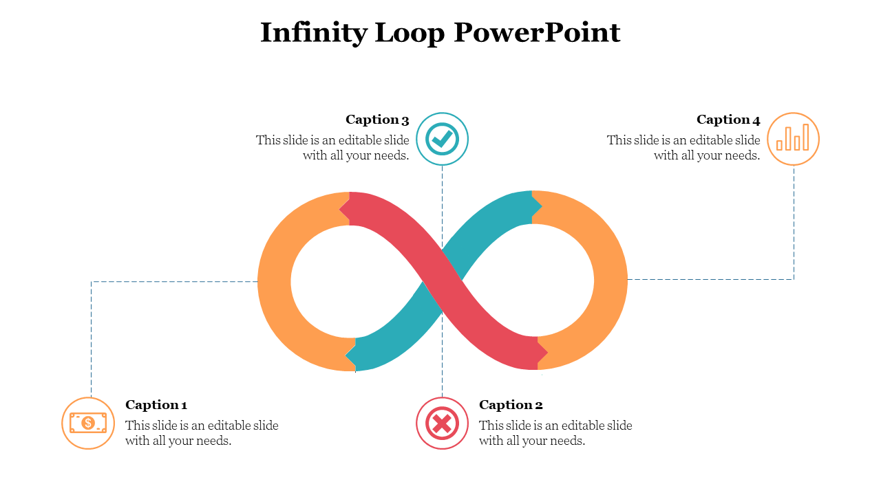 Colorful infinity symbol with four connected segments, each linked to circular icons and editable caption text.