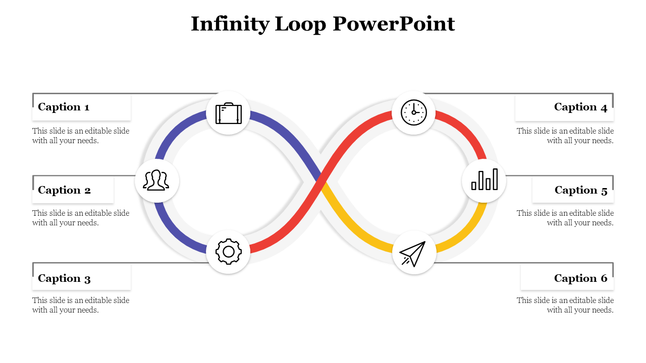 Infinity loop with six steps in blue, red, and yellow, each linked to icons and captions on both sides of the graphic.