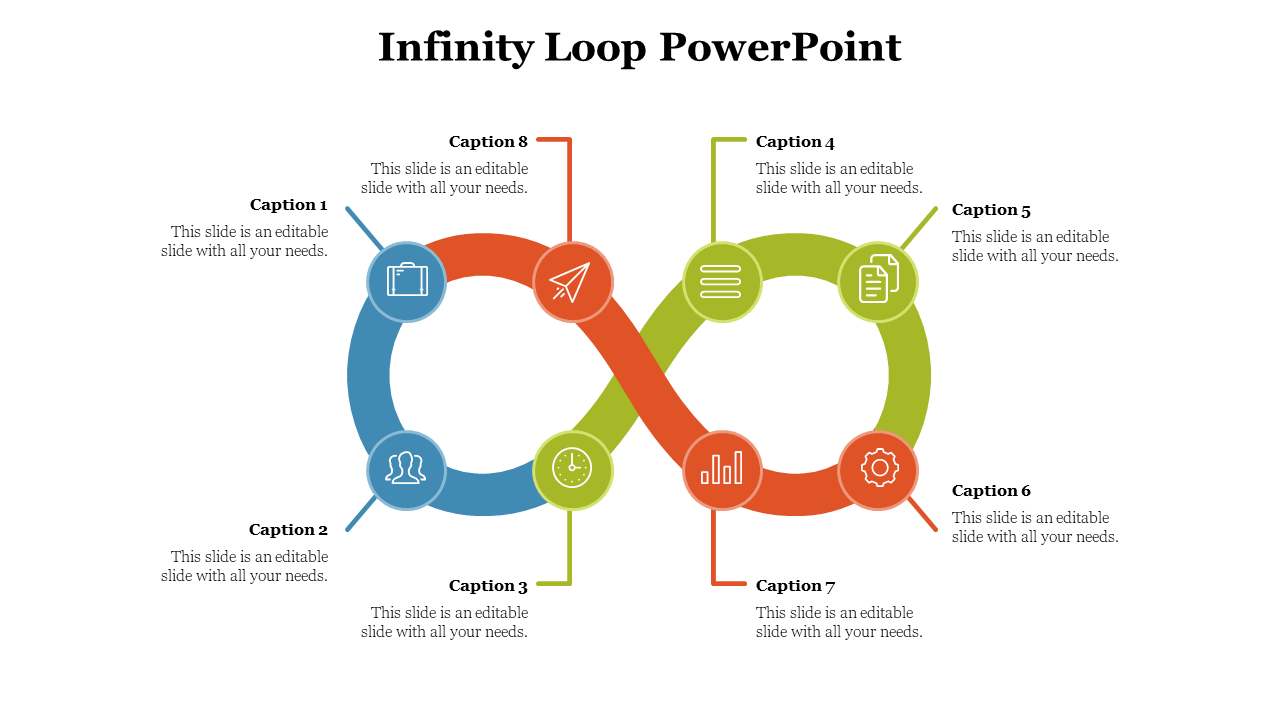 Colorful infinity diagram with eight segments, each linked to icons and captions placed around the loop.