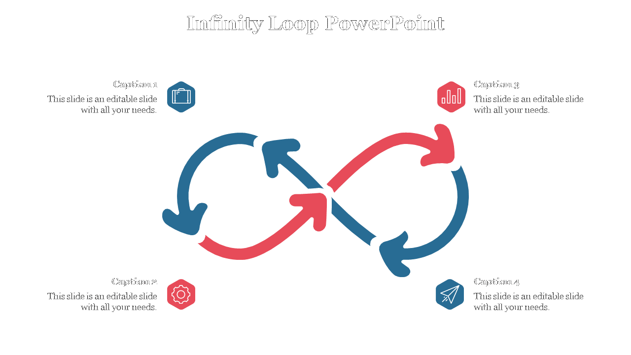 Infinity loop with four curved arrows in red and blue, each pointing to a caption with an icon on a white background.