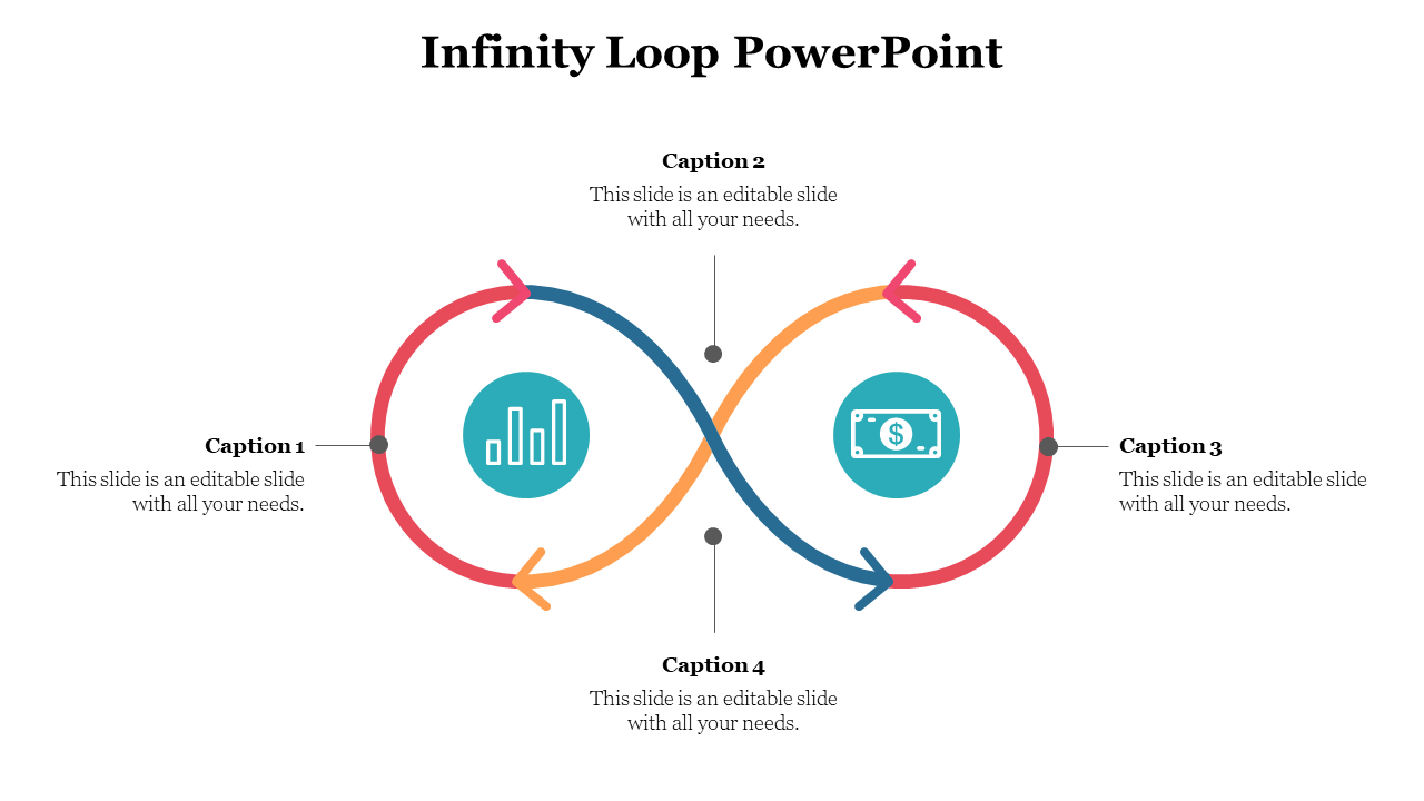 Colorful loop with four curved arrows and teal icons in the middle, with editable captions at each side.