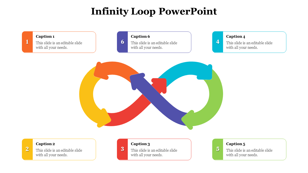 Colorful eight step infinity loop made of arrows, with matching numbered captions in boxes arranged above and below.