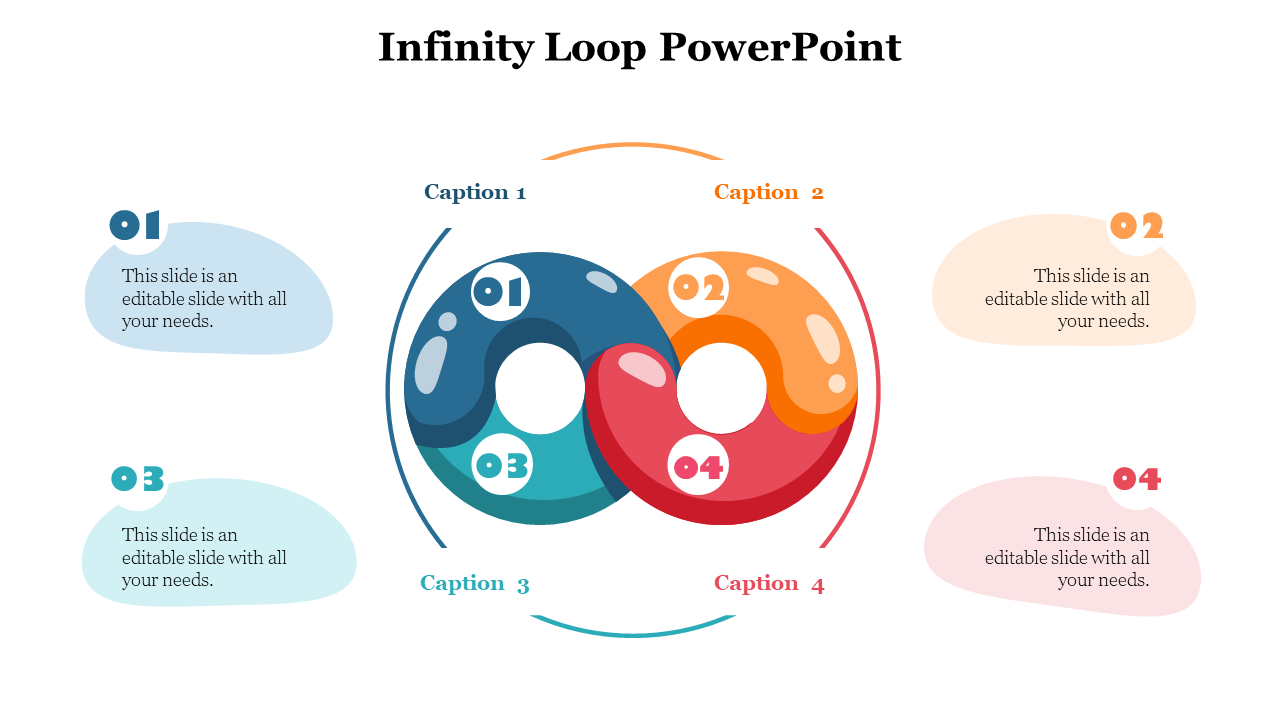 Infinity loop with four glossy segments numbered 01–04 and colored caption bubbles placed at each corner.