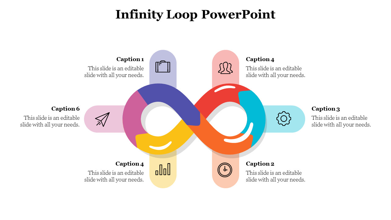 Infinity loop in bold colors with six extended caption bars, each containing an icon and editable text.