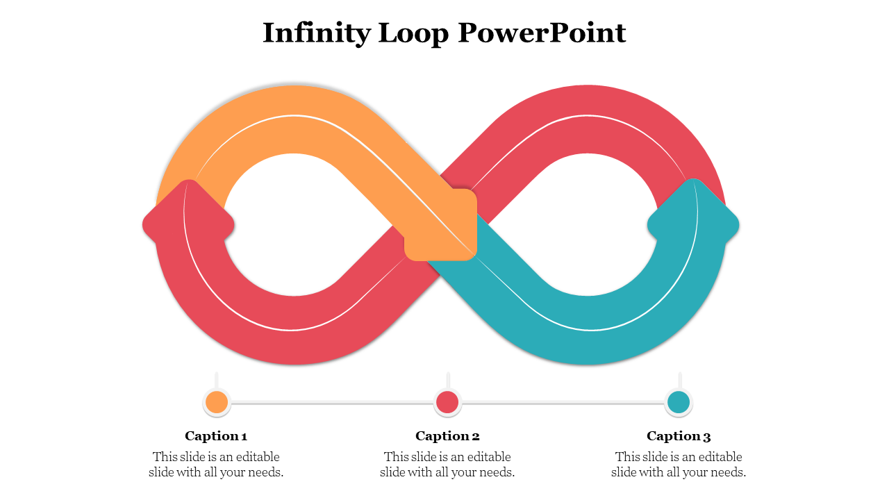 Infinity loop with three bold arrows in warm colors and connected captions aligned horizontally beneath it.