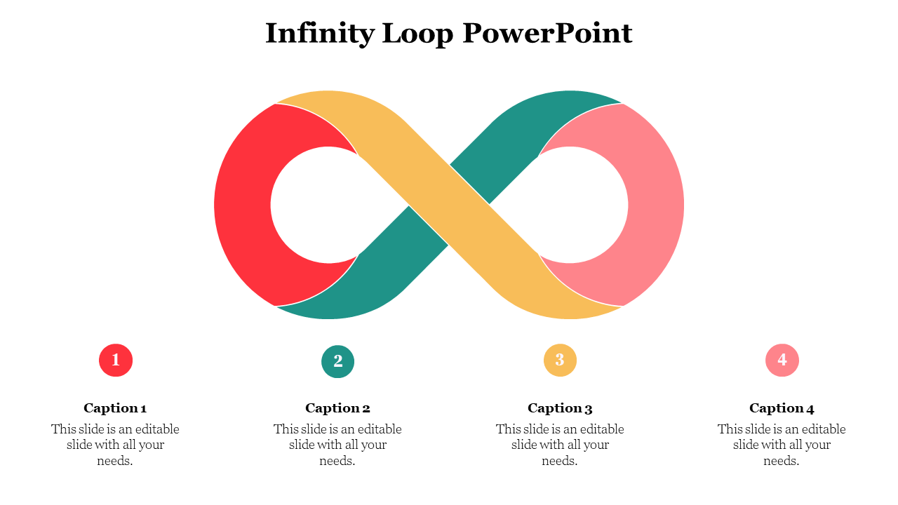 Infinity loop with four segments and circular numbered markers linked to editable captions placed underneath.
