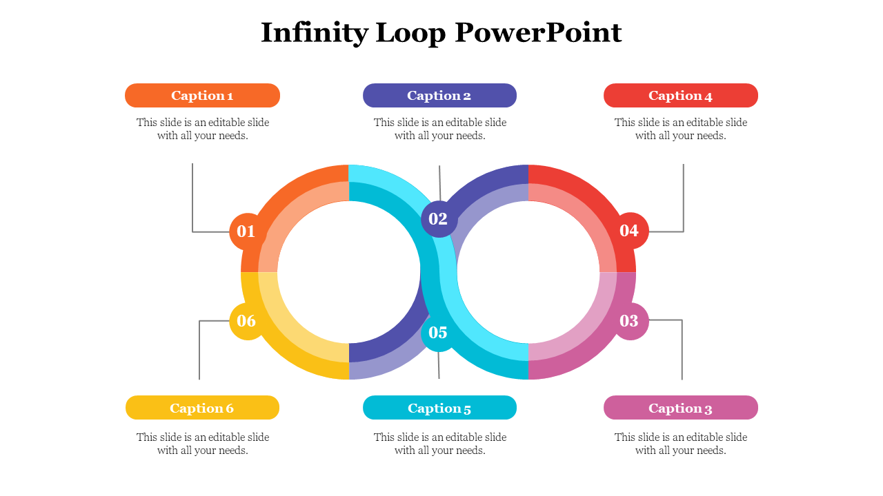 Infinity loop with six gradient colored parts, numbered 01–06, with curved connectors to colorful captions.