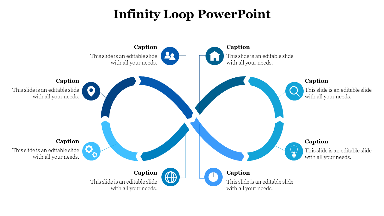 Blue infinity loop segmented into eight parts, each linked to an icon and caption with thin connector lines.