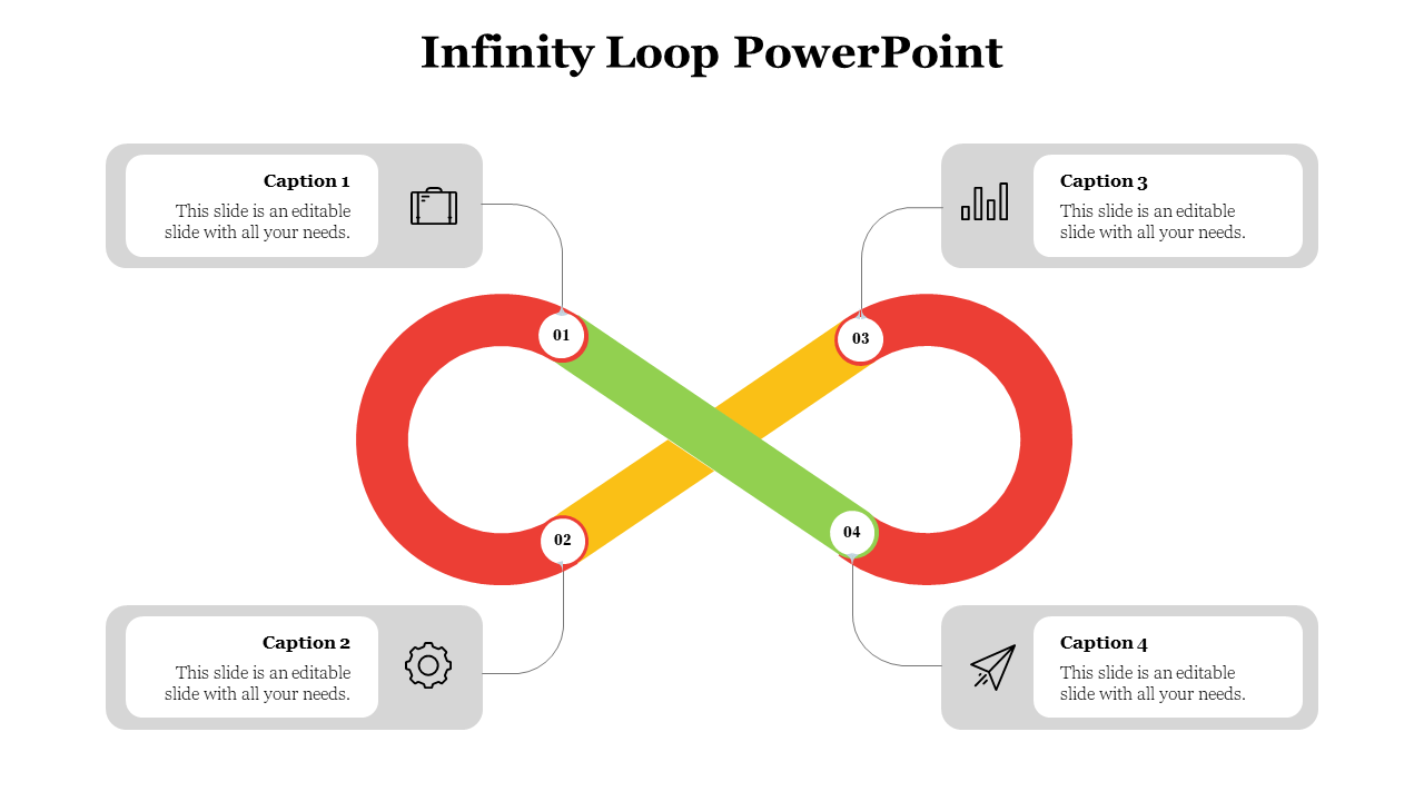 Infinity loop with four colored segments and matching captions in shaded boxes placed at each side of the slide.