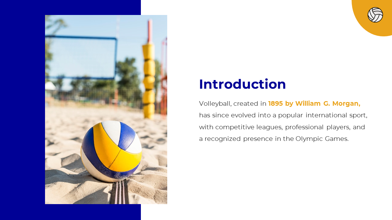 Yellow and blue volleyball on sand court beside net, paired with introductory text on volleyball’s global rise.