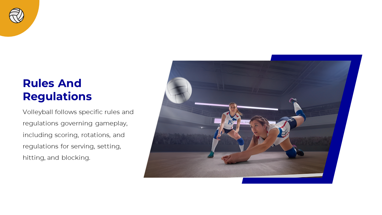 Action shot of volleyball game with two athletes, one mid-dive, next to text detailing gameplay and rotation rules.