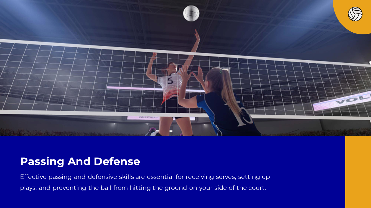 Indoor volleyball match action with two athletes leaping at the net, emphasizing defense in blue and yellow theme.