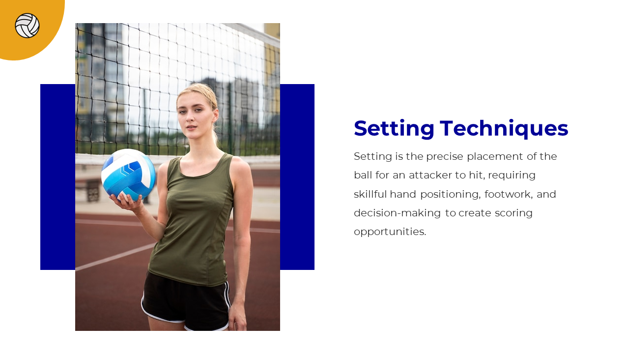 Outdoor volleyball court scene with woman in athletic gear holding blue and white ball showing setting techniques.