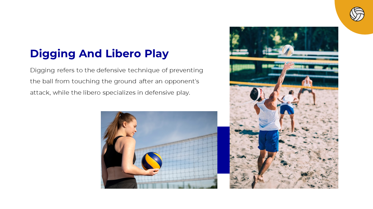 Volleyball scene with female athlete by net and beach players mid game, illustrating digging and libero techniques.