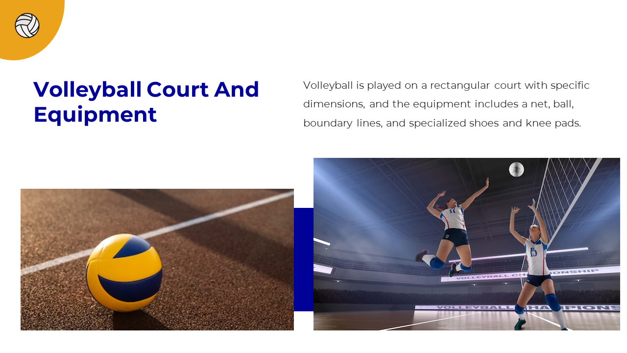 Volleyball court scene showing a close up of ball on line and players jumping near net, highlighting court and gear elements.