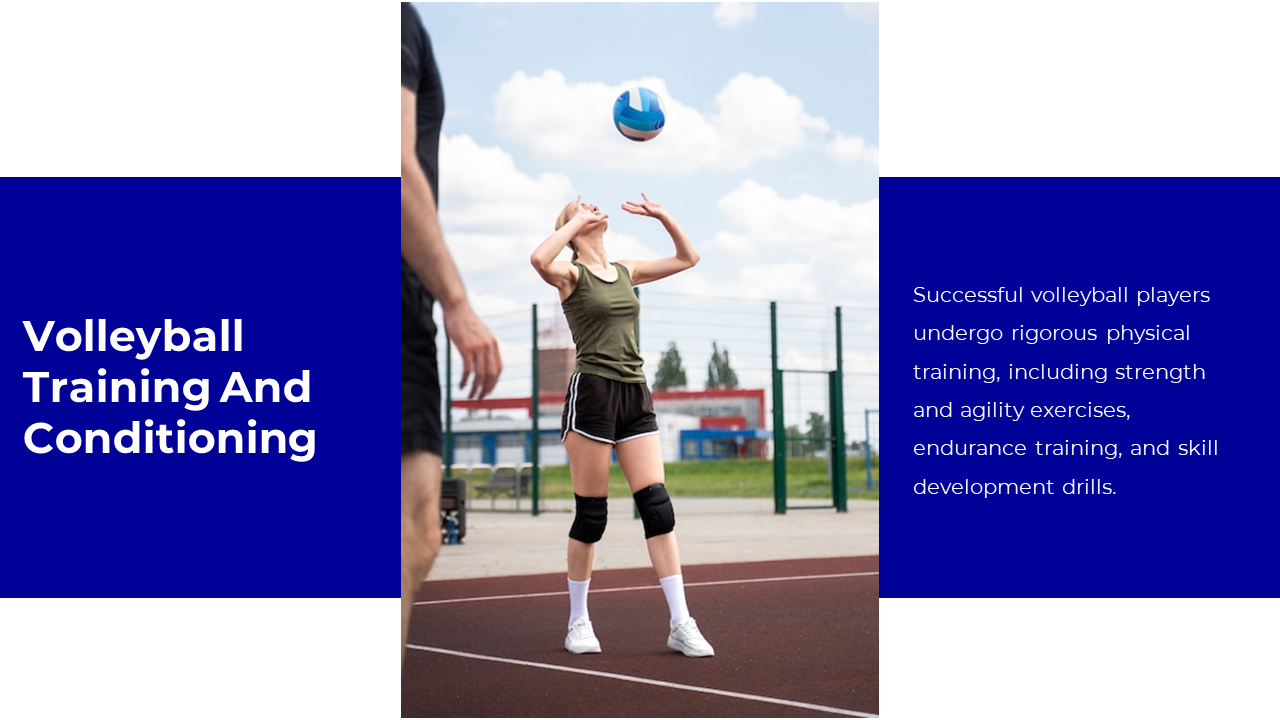Woman in green tank top and black shorts practices serving under blue sky, emphasizing volleyball training setup.