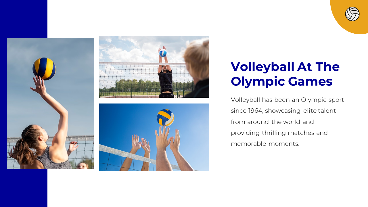 Three volleyball images showing spiking, blocking, and hands reaching for ball, with Olympic themed caption on right.