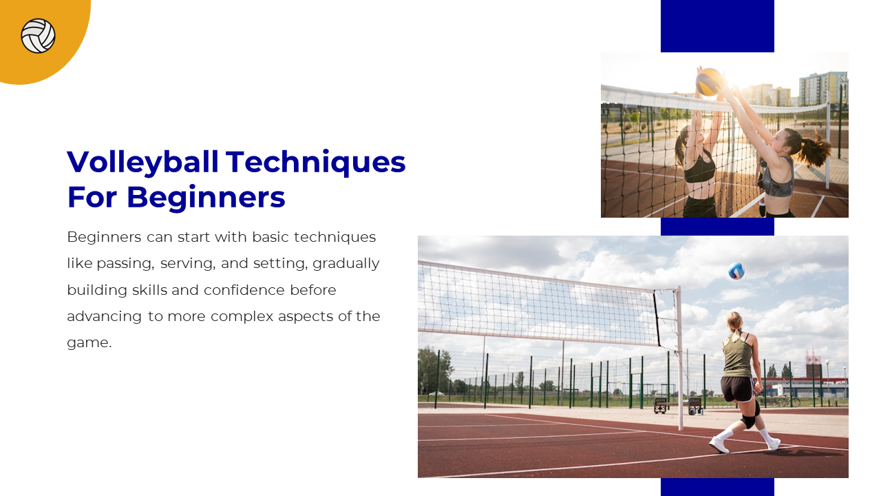 Volleyball techniques slide with blue heading, two action photos of outdoor play, and caption text on the left.