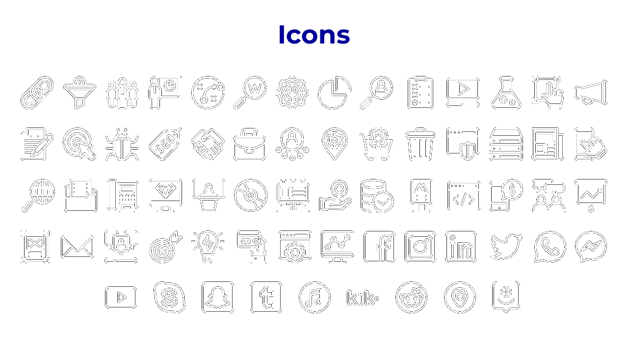 Black outline icon set including charts, users, gear, messaging, social media, and business symbols in five rows.