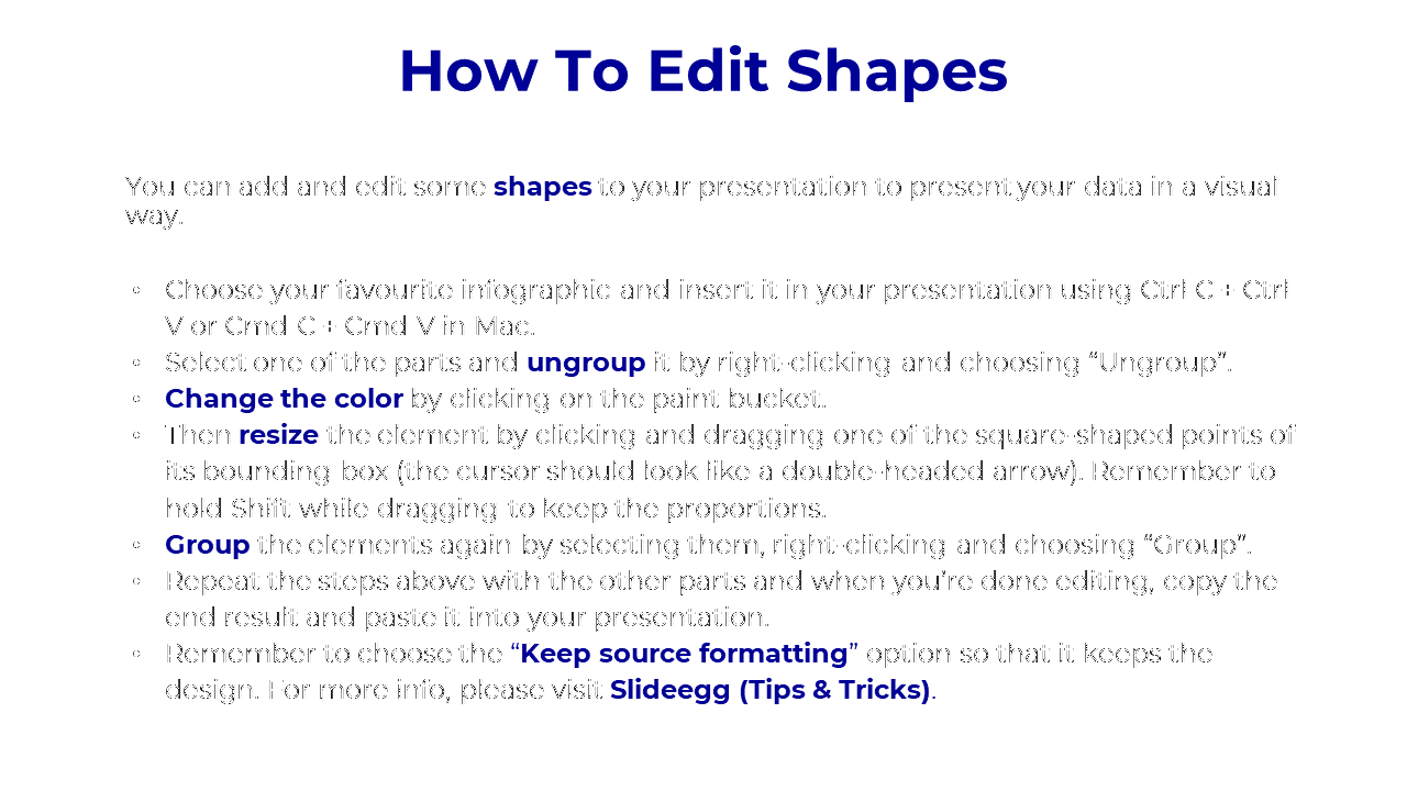 Guide slide with steps for editing shapes in presentations, including actions like ungroup, resize, group, and format tips.