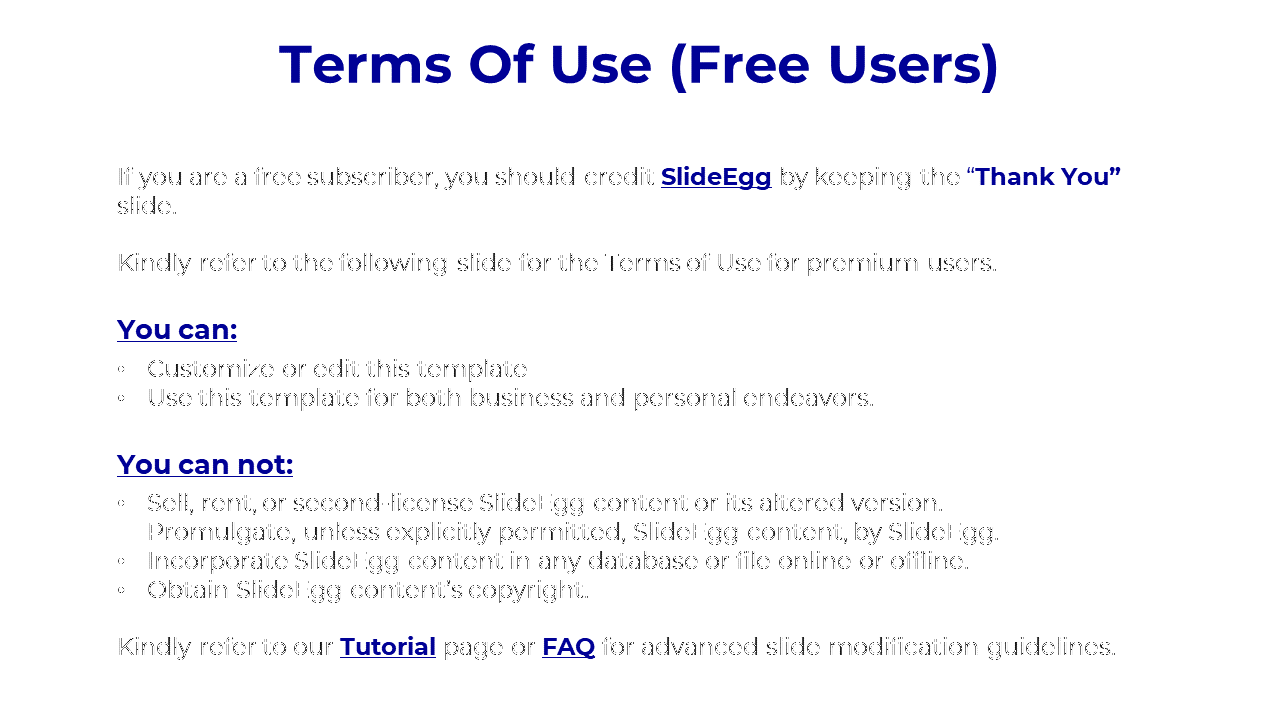 Free user terms slide featuring bold section headers and bullets detailing template customization and copyright limits.