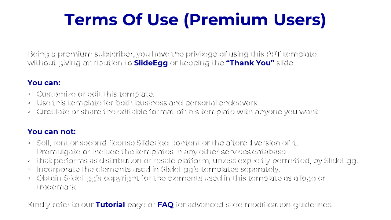 Terms slide for premium users showing privileges like sharing templates and rules against resale or database inclusion.