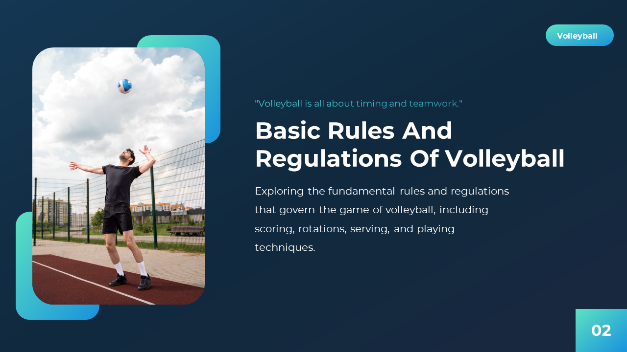 Man in black outfit serving volleyball under a cloudy sky, beside text panel with rules description and blue background.