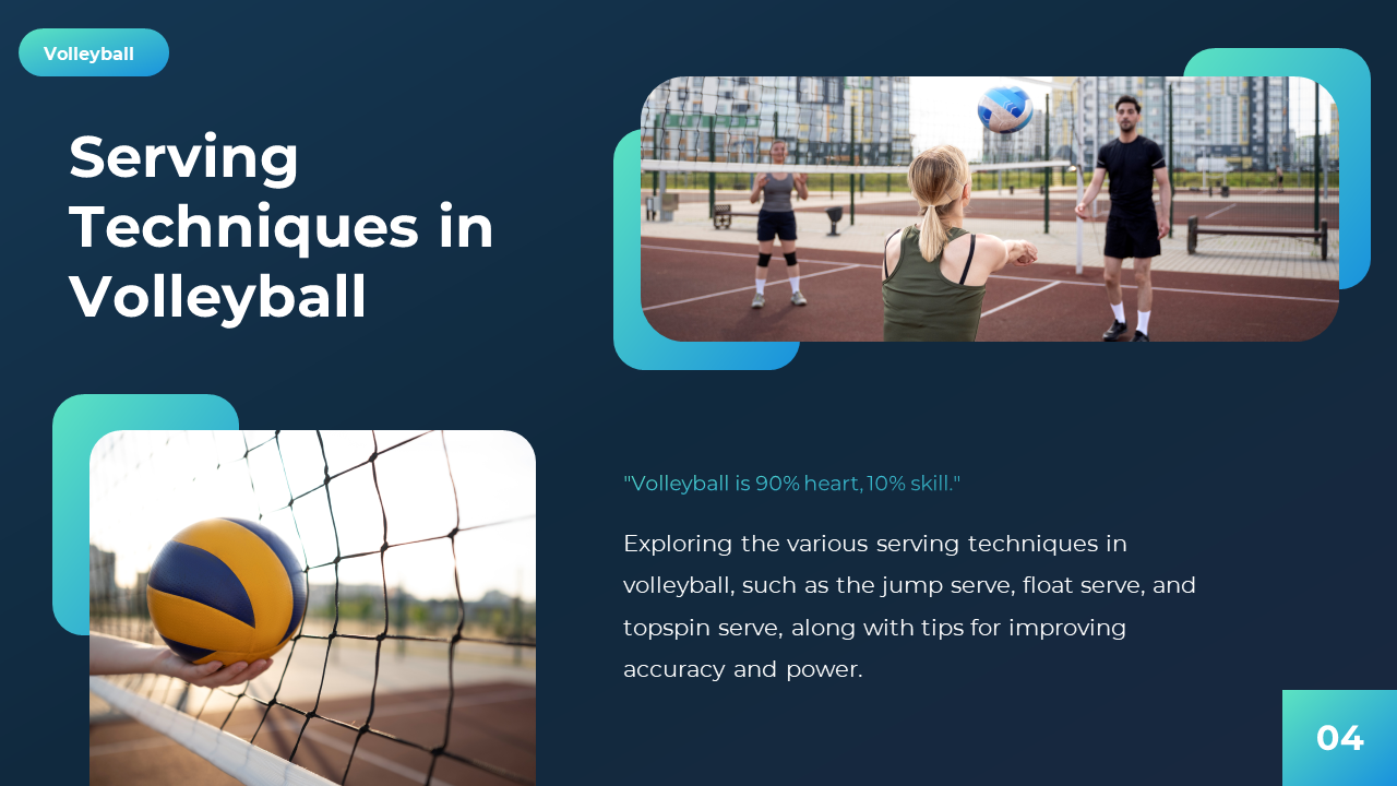 Slide with serving technique title, left image of hand holding ball at net, right image of player serving on outdoor court.