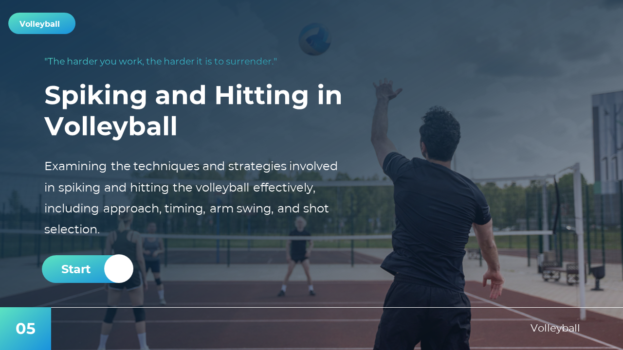 Action shot of volleyball spike with player reaching up, overlaid with spiking techniques text and soft blue overlay effect.