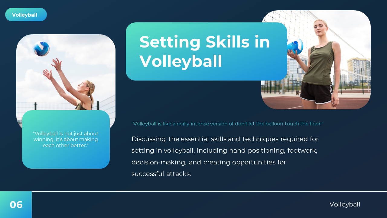 Volleyball setting skills slide with two player images, rounded corners, and title box centered over a dark blue layout.