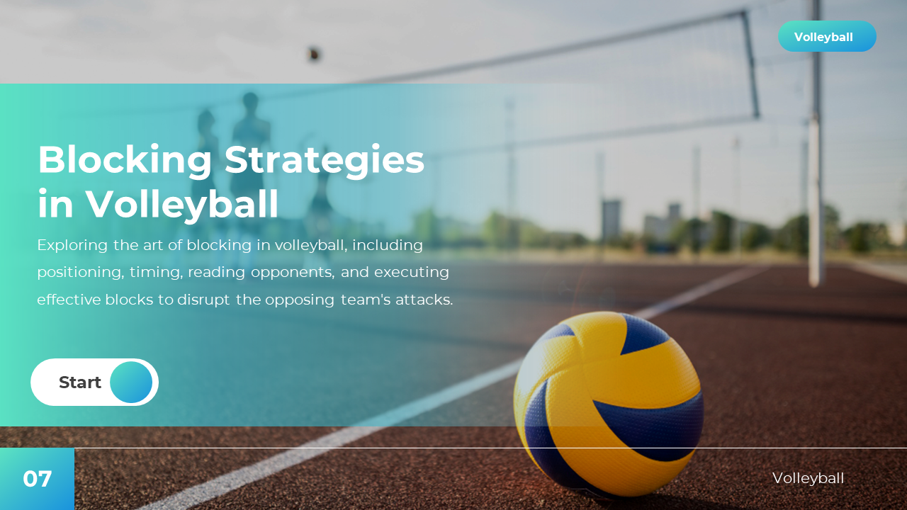 Volleyball blocking slide showing ball on baseline, net and players blurred behind, with start button and aqua text overlay.