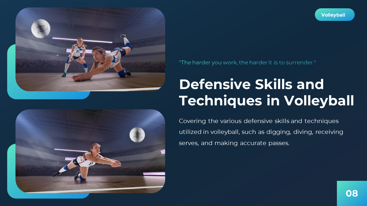 Defensive techniques slide with diving action in a stadium setting, beside descriptive text and volleyball header badge.