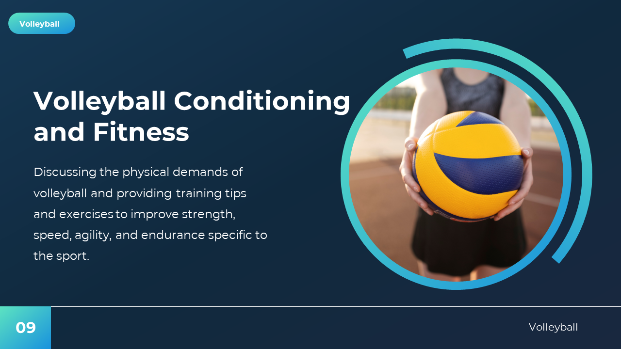 Volleyball fitness slide with player holding a ball in frame, left aligned title and training text on dark blue background.