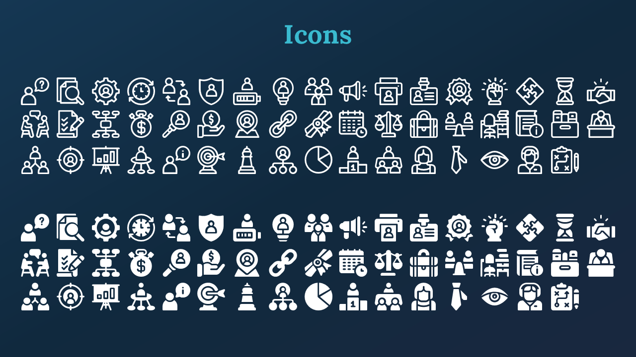 Business icon set in two rows, featuring team, calendar, money, lightbulb, gear, and file icons in white on navy blue.