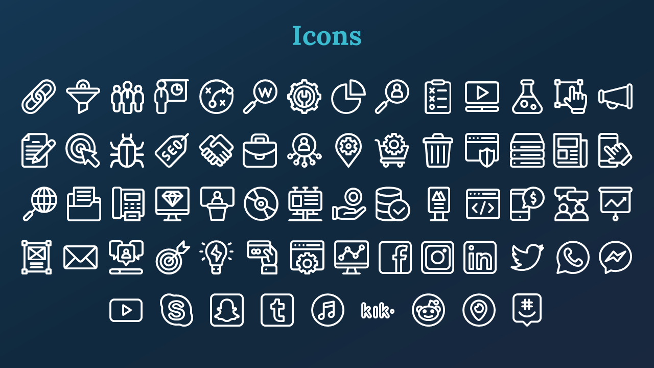 Slide displaying outlined white icons for marketing, strategy, web, and social apps like YouTube, Facebook, and LinkedIn.