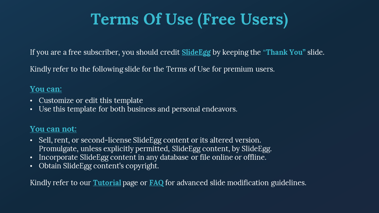 Instructional slide on free usage terms for SlideEgg templates, featuring section headers and light blue link highlights.
