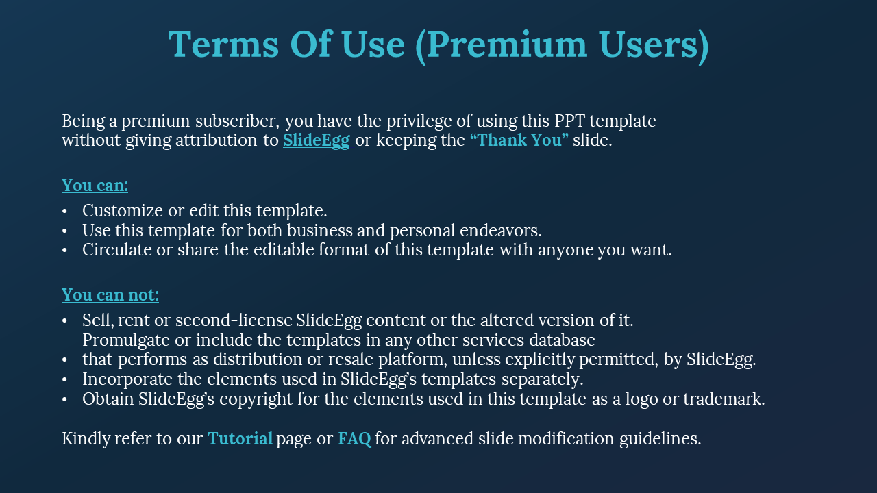 Terms of use slide for premium users with title and bullet lists outlining allowed and restricted uses of SlideEgg templates.