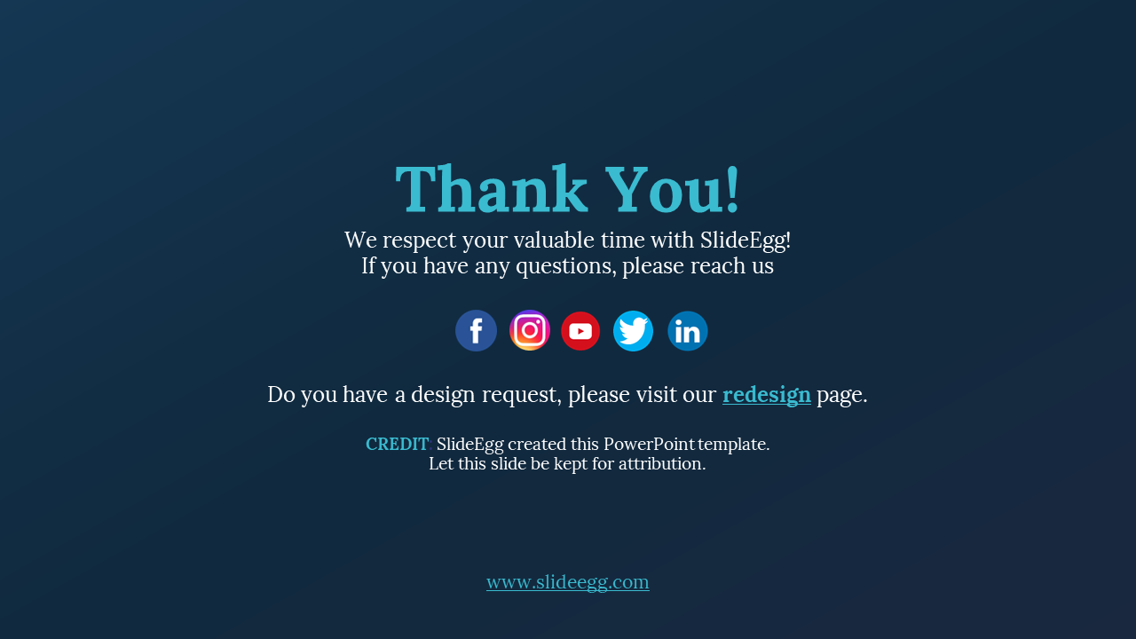 Blue thank you slide featuring centered message, five social icons, and SlideEgg credit and link at the bottom.